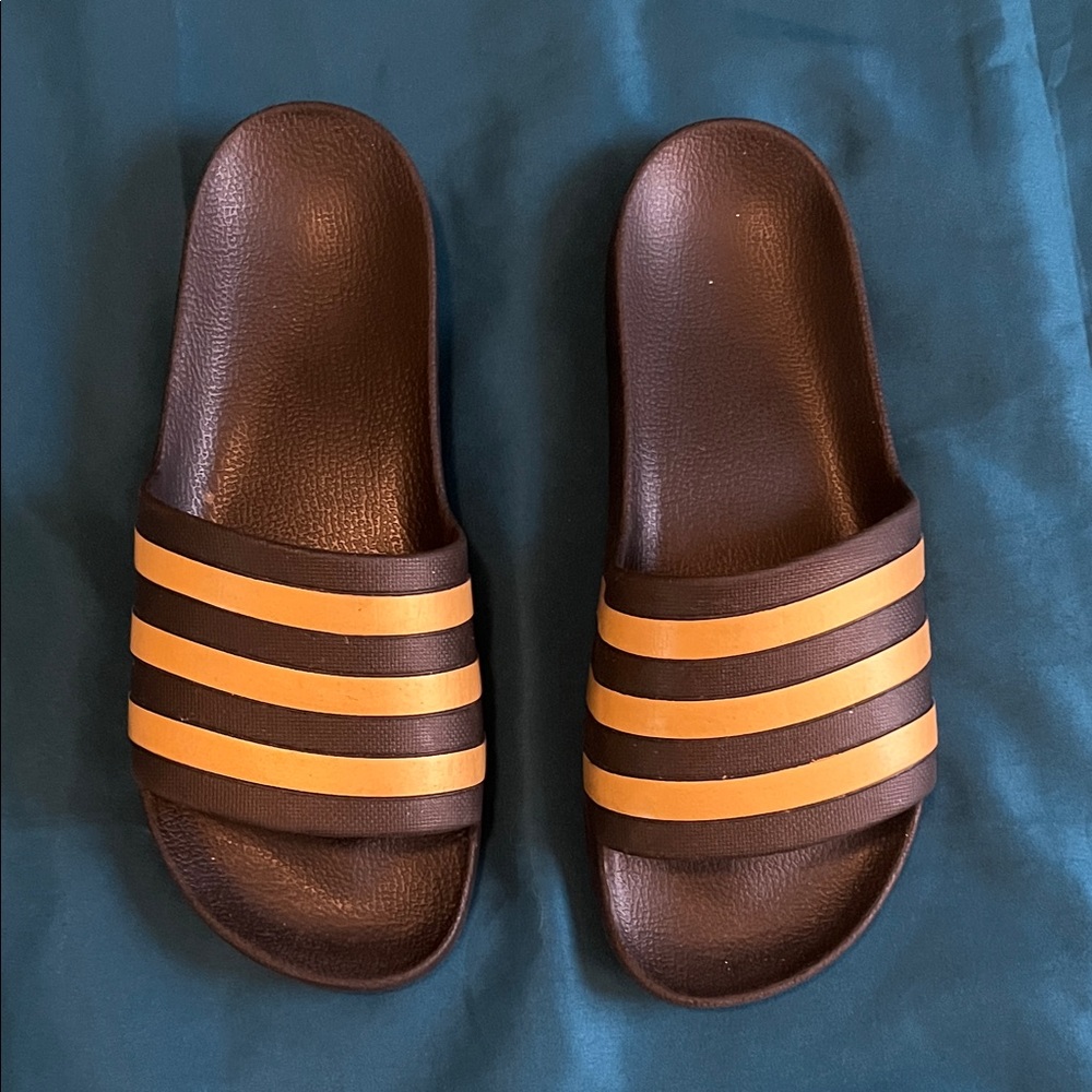 Adidas Black and Orange Slide Sandals
